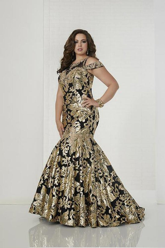 Tiffany Homecoming - 16312 Illusion Neck Sequined Mermaid Gown In Black and Gold