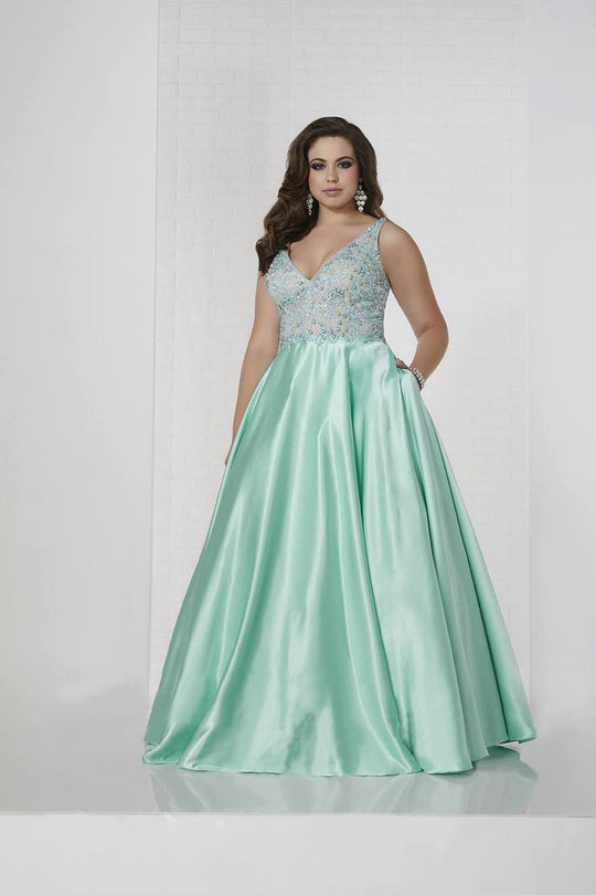 Tiffany Homecoming - 16315 Beaded V-neck Satin Ballgown In Green and Neutral
