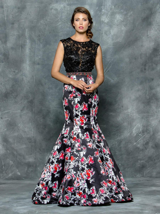 Colors Dress - 1631 Contrasting Floral Print Evening Gown in Black
