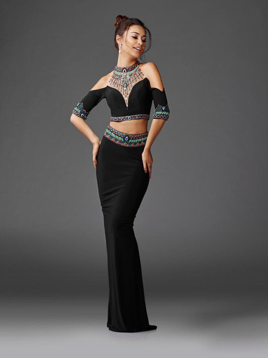 Clarisse - 4920 High Neck Two-Piece Beaded Gown in Black and Multi-Color