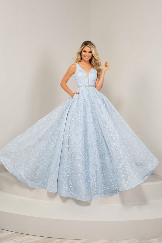Tiffany Designs - 16325 Floral Plunging V-Neck Ballgown In Blue