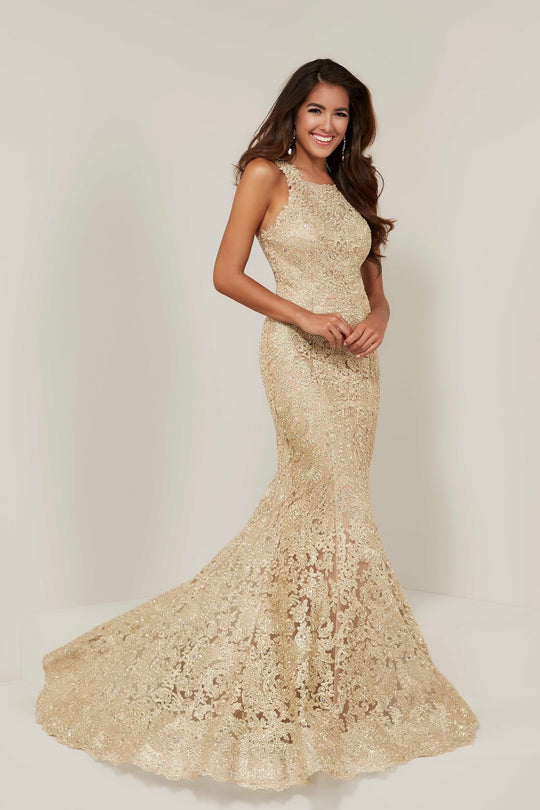 Tiffany Designs - 16329 Metallic Embroidered Halter Mermaid Dress In Gold