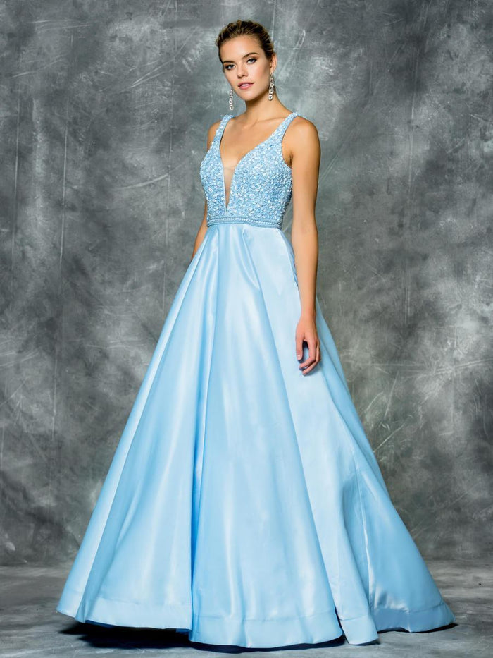 Colors Dress - 1632 Deep V-Neck Ornate Evening Dress in Blue
