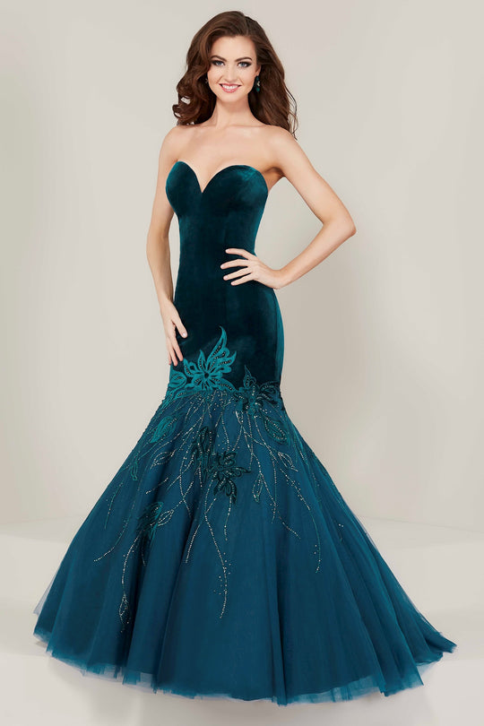 Tiffany Designs - 16330 Strapless Velvet Mermaid Gown In Blue and Green