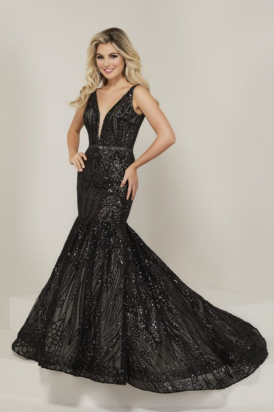 Tiffany Designs - 16333 Sequin Ornate Sleeveless V Neck Mermaid Gown In Black