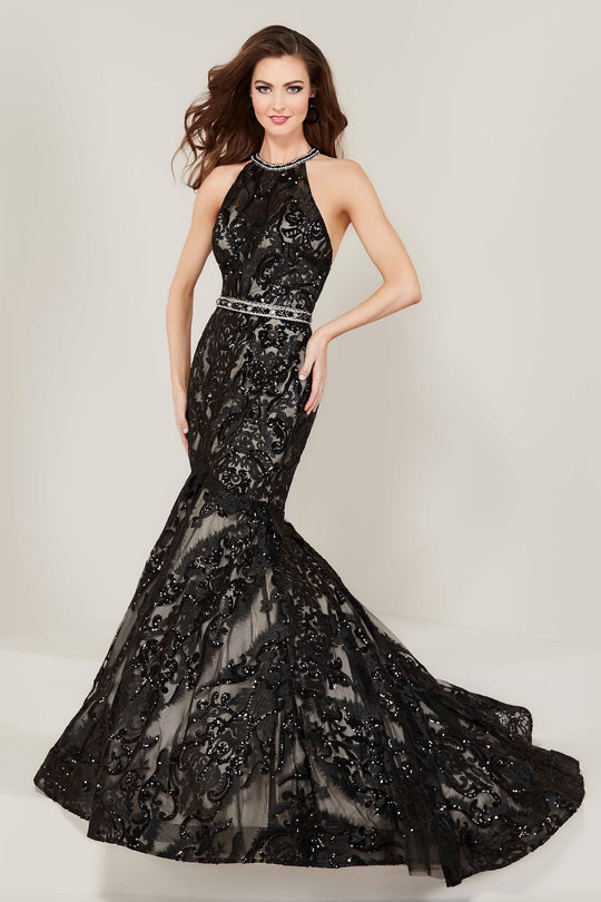 Tiffany Designs - 16336 Beaded Halter Mermaid Evening Gown in Black and Neutral