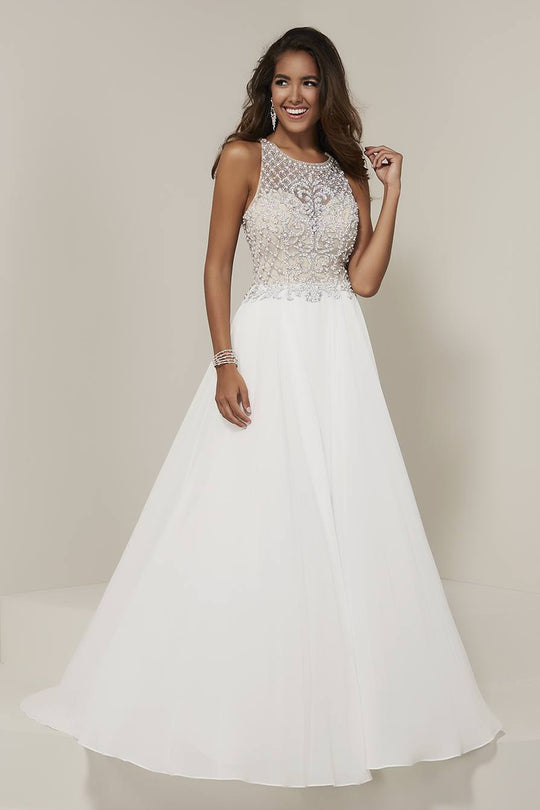 Tiffany Designs - 16337 Beaded Lattice Halter Chiffon A-Line Gown In White