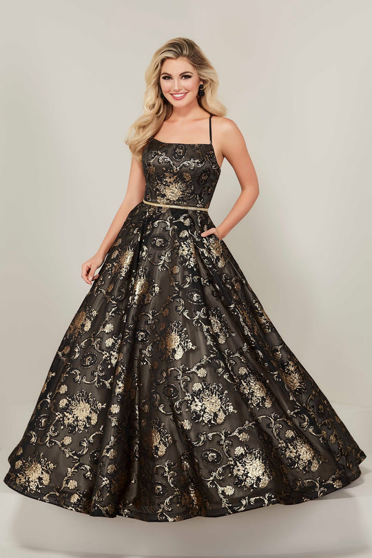 Tiffany Designs - 16340 Scoop Neck Brocade Organza A-line Dress In Black and Gold