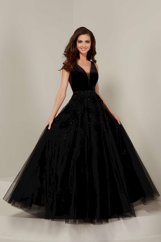 Tiffany Designs - 16342 Plunging V-Neck Floral Ballgown In Black