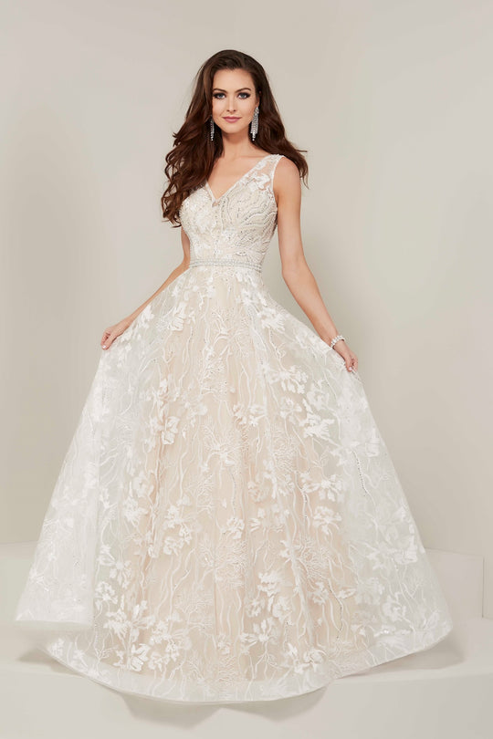 Tiffany Designs - 16346 Floral Embroidered V-neck A-line Dress In White