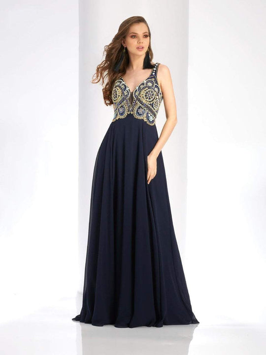Clarisse - 4924 Deep V-Neck Beaded Chiffon Gown in Blue