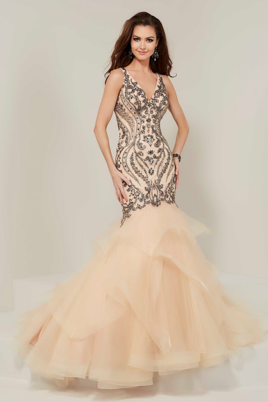 Tiffany Designs - 16351 Beaded V-Neck Layered Mermaid Dress In Neutral and Gray