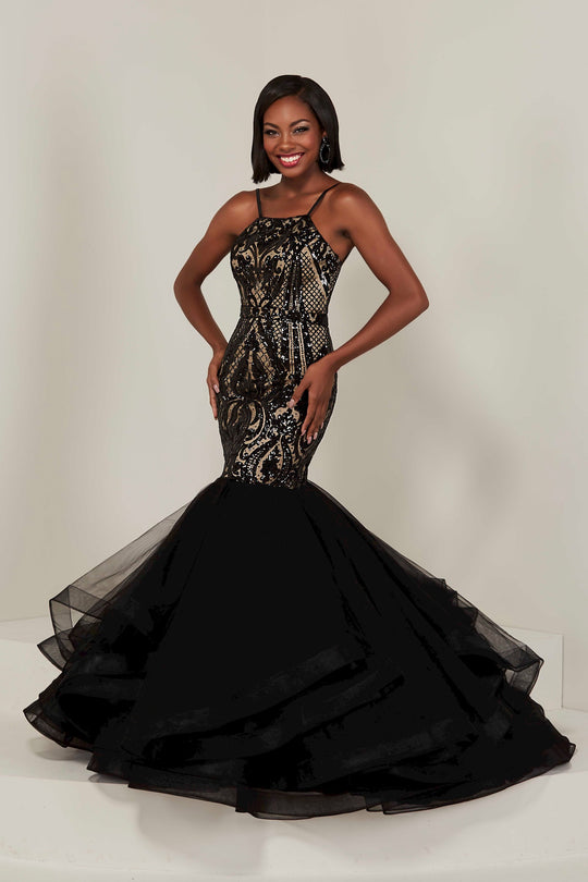Tiffany Designs - 16359 Sequined Halter Tulle Mermaid Dress In Black and Neutral
