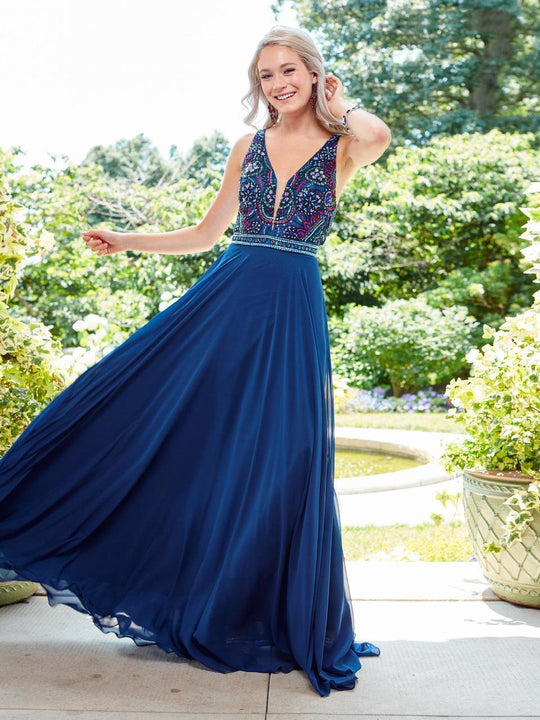 Clarisse - 4925 Sleeveless Beaded Chiffon Gown in Blue