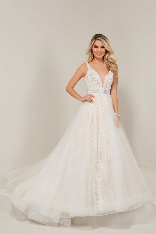 Tiffany Designs - 16360 Plunging Adorned Bodice A-Line Gown In White
