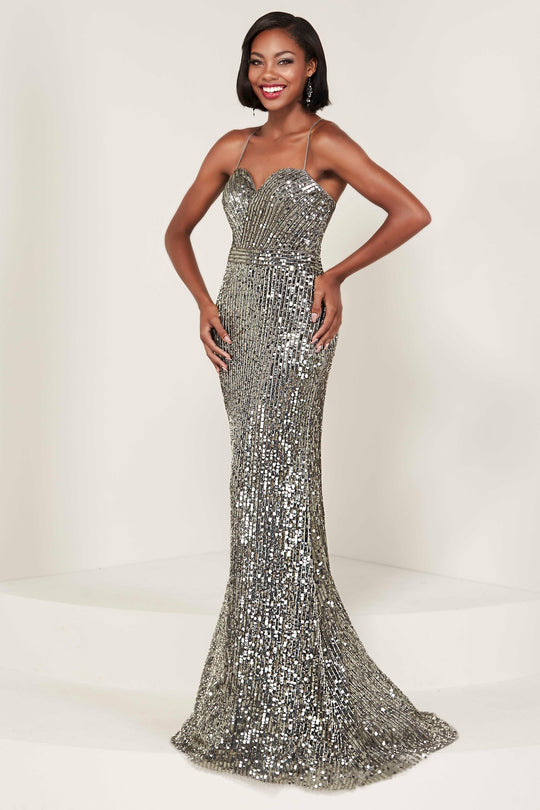 Tiffany Designs - 16365 Beaded Sweetheart Bodice Long Gown In Silver and Gray