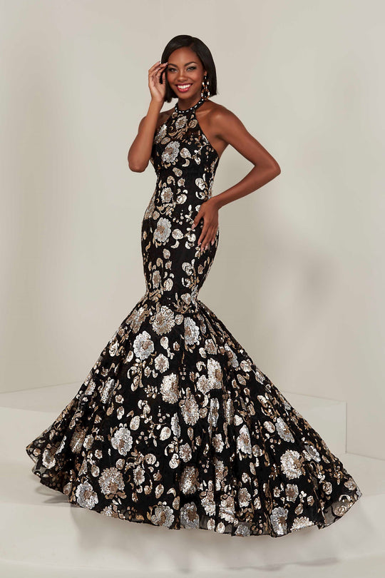 Tiffany Designs - 16366 Floral Sequined Illusion Halter Mermaid Gown In Black and Gold