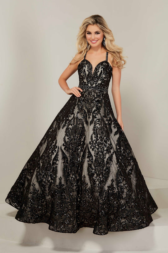Tiffany Designs - 16369 Deep Sweetheart Bodice Sequined Gown In Black and Neutral