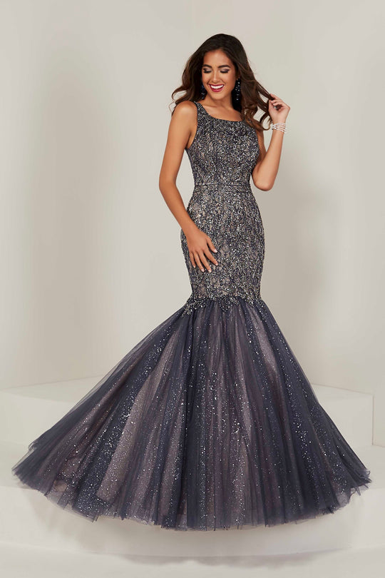 Tiffany Designs - 16370 Beaded Cutout Back Glitter Mermaid Gown In Gray