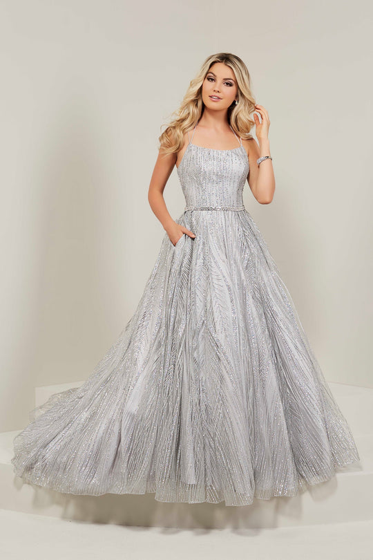 Tiffany Designs - 16372 Scoop Neck Glitter Tulle A-Line Gown In Silver