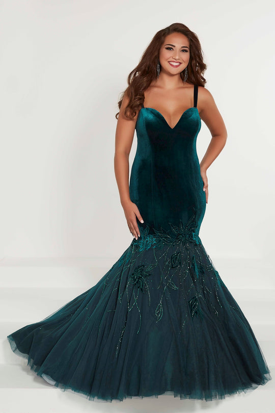 Tiffany Designs - 16374 Floral Applique Velvet Tulle Mermaid Dress In Green