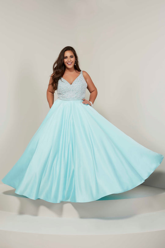 Tiffany Designs - 16375 Bedazzled Plunging V-neck Satin A-line Dress In Green