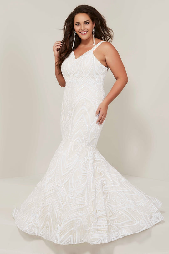Tiffany Designs - 16376 Metallic Embroidered Lace Mermaid Dress In White