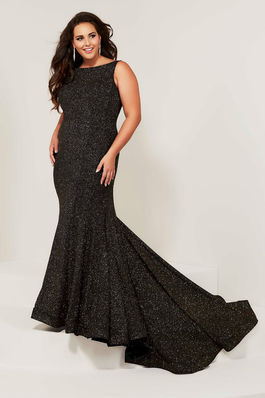 Tiffany Designs - 16377 Bateau Sparkle Jersey Mermaid Dress In Black and Gold