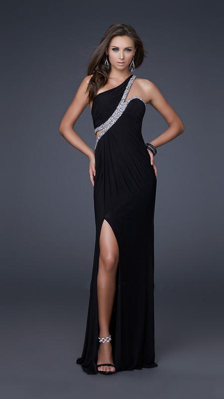 La Femme - Exquisitely Draped Asymmetrical Cutout Sheath Gown 16379 in Black