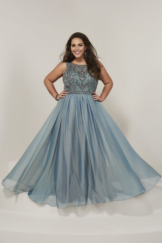 Tiffany Designs - 16379 Beaded Bateau Chiffon A-line Dress In Blue and Green