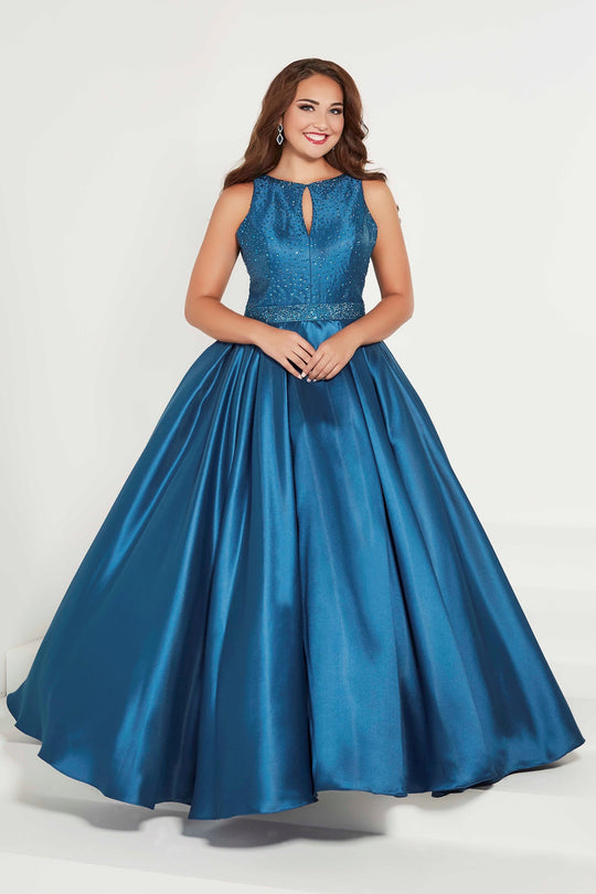 Tiffany Designs - 16386 Rhinestone Halter Silky Mikado Ballgown In Blue and Green