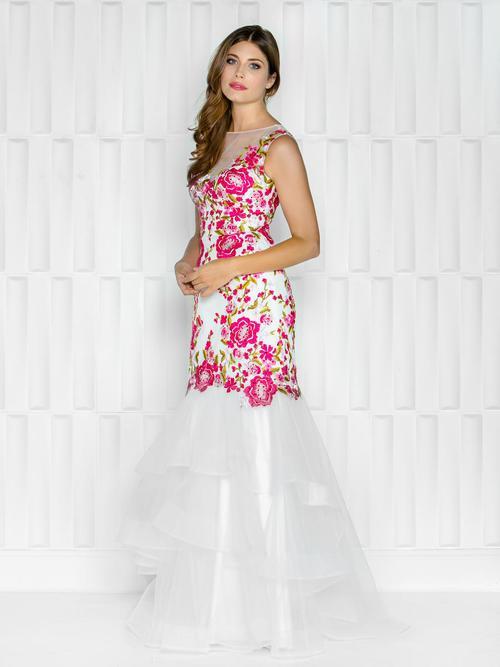 Colors Dress - 1639 Floral Embroidered Long Dress in Pink and White