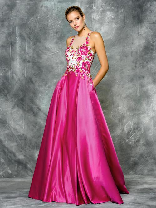 Colors Dress - 1640 Floral Embroidered Satin Long Dress in Pink and White