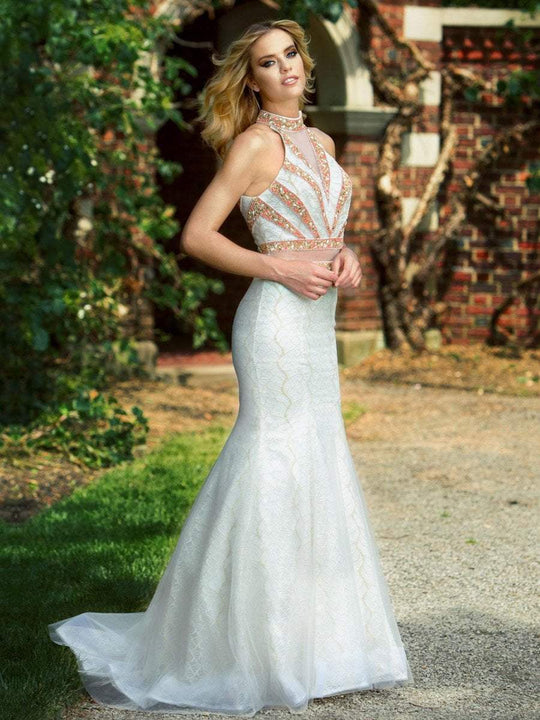 Colors Dress - 1642 High Neck Mock Two-Piece Evening Gown in White and Orange