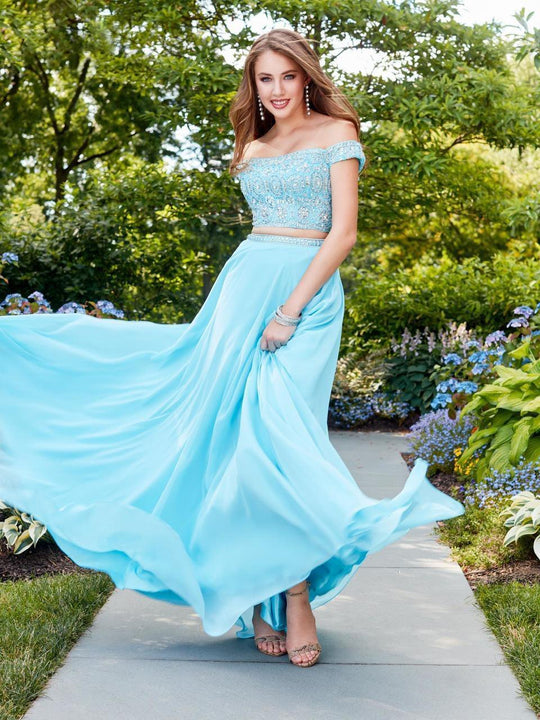 Clarisse - 4938 Off-Shoulder Two-Piece Chiffon Gown in Blue