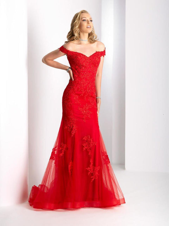 Clarisse - 4945 Off Shoulder Lace Appliqued Gown in Red