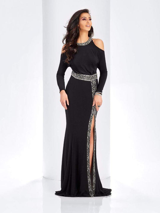Clarisse - 4946 Beaded Long Sleeves Slit Evening Gown in Black