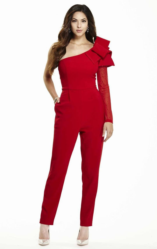 Jolene Collection - 16502 Bow Accented Asymmetrical Jumpsuit In Red