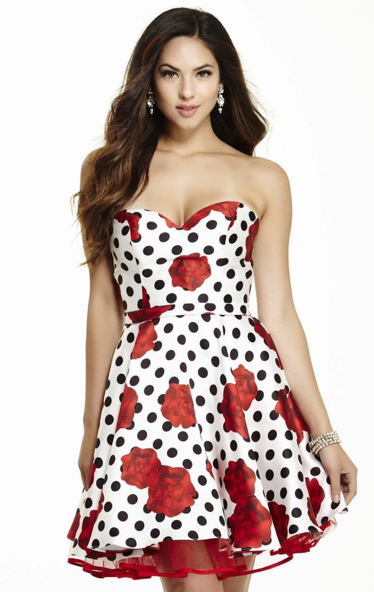 Jolene Collection - 16513 Strapless Polka Dots Floral Dress In White and Red