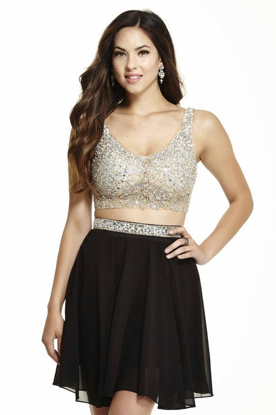 Jolene Collection - 16565 Bedazzled V-neck A-line Dress In Neutral and Black