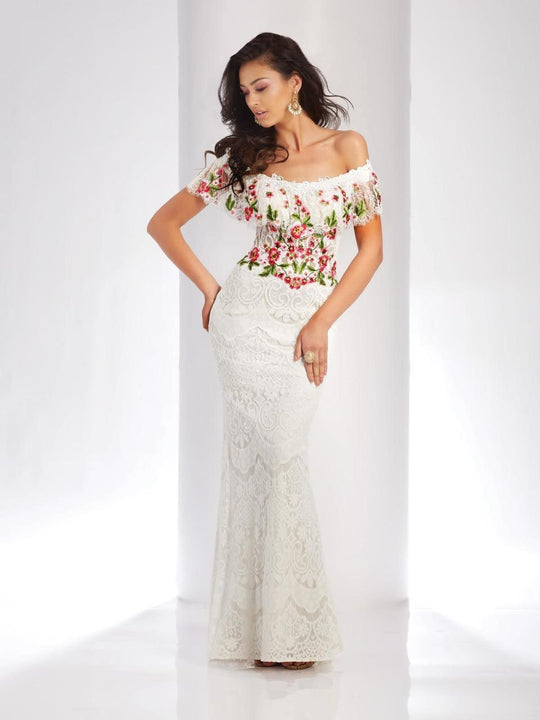 Clarisse - 4954 Embroidered Floral Off-Shoulder Gown in White and Neutral