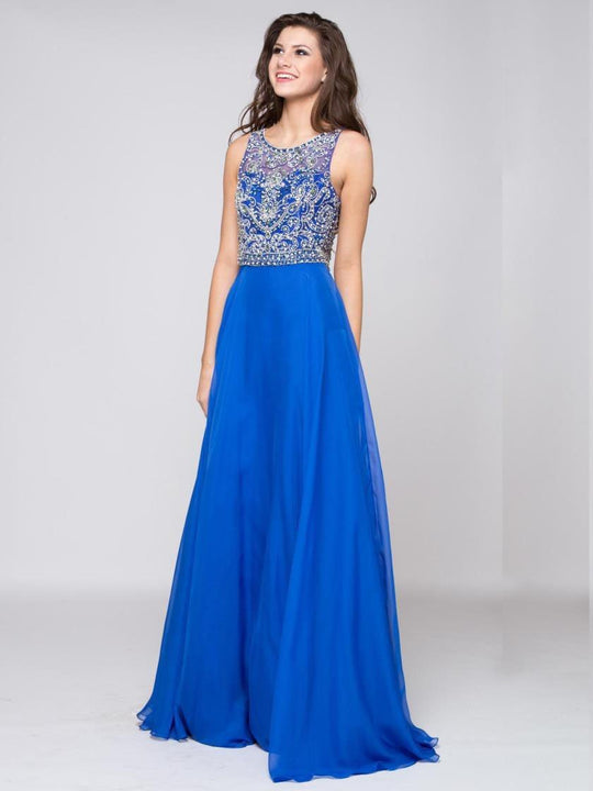 Colors Dress - 1656 Sleeveless Beaded A Line Long Dress in Blue