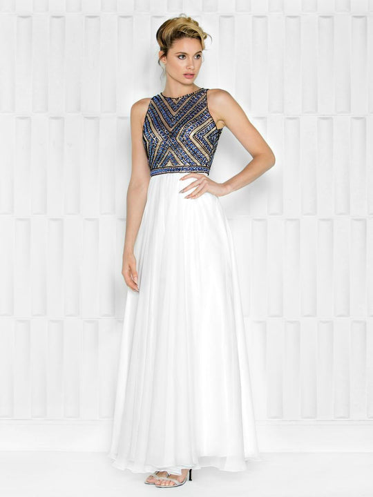 Colors Dress - 1658 Chevron Motif Illusion Gown in Blue