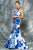 Colors Dress - 1660 Halter Neck Mikado Print Evening Gown in White and Blue