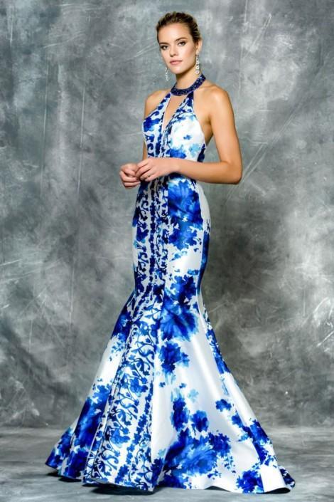Colors Dress - 1660 Halter Neck Mikado Print Evening Gown in White and Blue