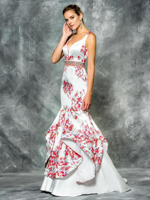 Colors Dress - 1661 Floral Tiered Satin Evening Dress in Multicolor and White