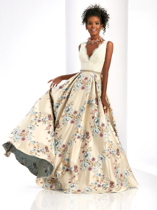 Clarisse - 4973 Lace V-Neck Floral Gown in Neutral and Multi-Color