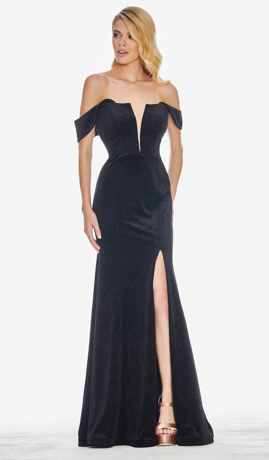 Ashley Lauren - 1669 Plunging Off-Shoulder Glitter Velvet Dress In Black