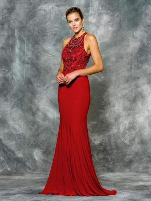 Colors Dress - 1673 Halter Neck Jersey Evening Gown in Red