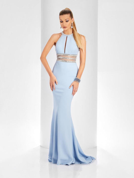 Clarisse - 3411 Embellished High Halter Trumpet Dress in Blue